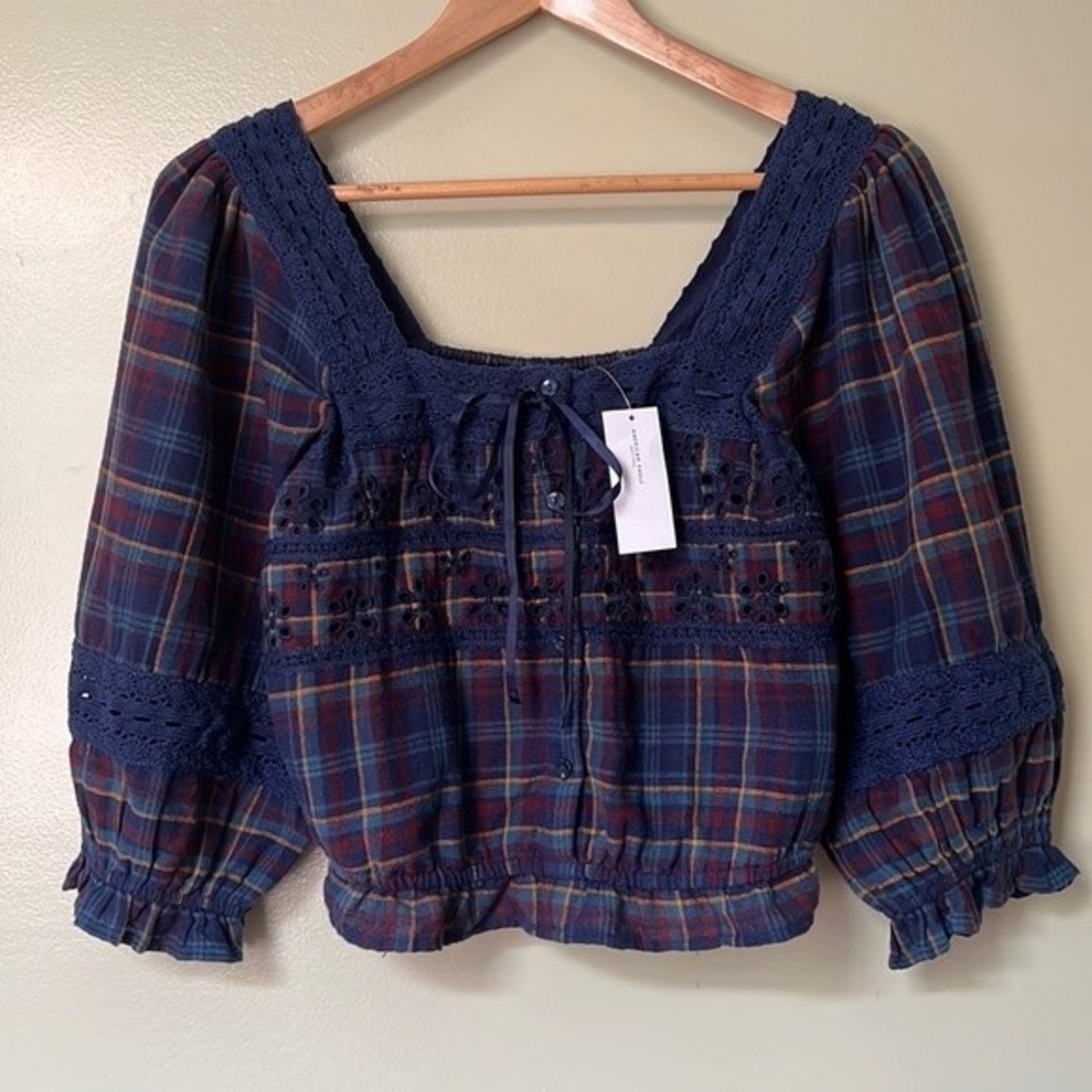 Women's Navy Plaid Crochet-Trim Peasant Top